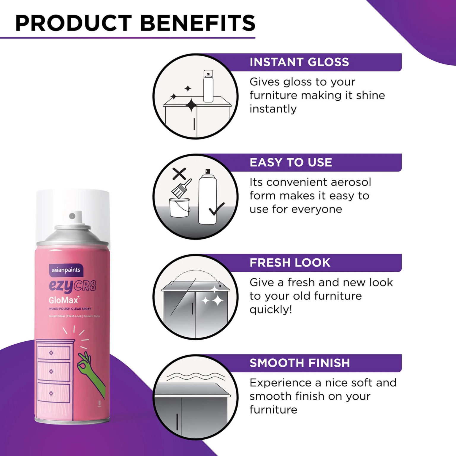 Asian Paints ezyCR8 GloMax Wood Polish Clear Spray 400ml HARDWARE SHACK