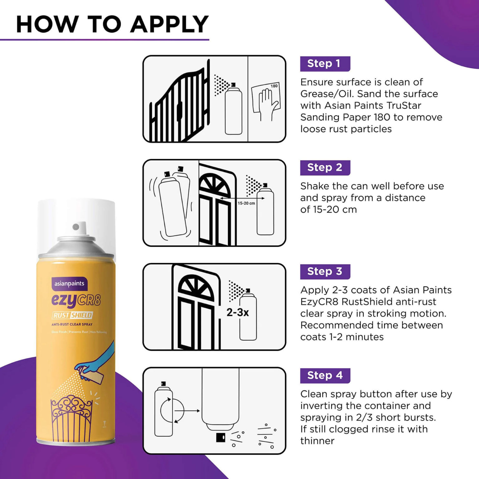 Asian Paints ezyCR8 Rust Shield Anti-Rust Clear Spray 400ml | HARDWARE